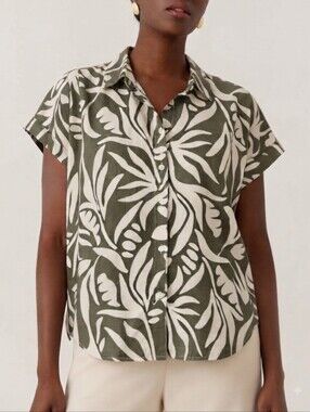 Sz M Artlove Paris 100% Viscose Olive & White Botanical Button-Front Women's Top